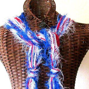 Red White Blue String Scarf 66" Winter Strands Yarn Wash Dry Handmade USA